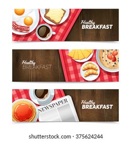 Healthy Breakfast 3 Horizontal Banners Set With Black Coffee And Fried Eggs On Dark Wooden Table Vector Illustration 