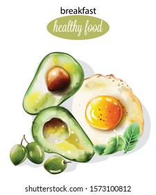 Healthy breakfast with avocado, fried egg, mint and olives. Watercolor food vector