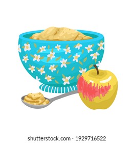 Desayuno saludable, comida para bebés, cereales con manzana, un plato lleno con una cuchara de plata llena de avena. Ilustración plana de dibujos animados