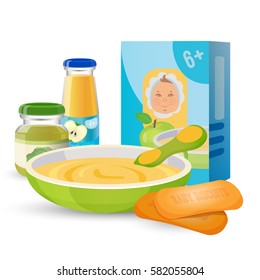 Healthy breakfast for baby with porridge pack and bowl of puree with spoon, two biscuits, jars of apple juice and broccoli puree. Vector collection of baby food isolated on white in flat design