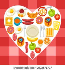 Healthy breakfast background. Various food and drinks. Illustration for cafes, restaurants and hotels.