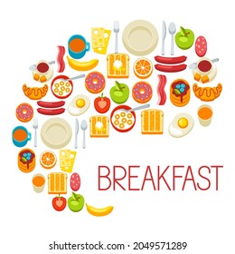 Healthy breakfast background. Various food and drinks. Illustration for cafes, restaurants and hotels.