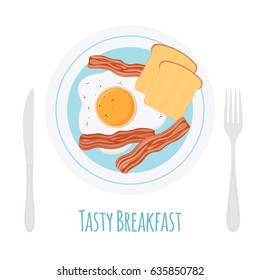 Healthy breakfast - bacon, egg, toast. Fried bread, meat with fork and knife made in cartoon flat style.