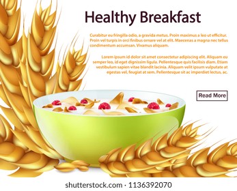 Healthy breakfast banner or background or web page vector concept with realstic objects - bowl, cereals, cornflakes illustration