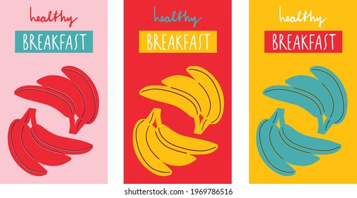 Healthy breakfast banner. Banana hand drawing logo design. Isolated flat vector summer fruits illustration. Handmade breakfast.