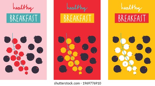 Healthy breakfast banner. Berries hand drawing logo design. Isolated flat vector summer fruits illustration. Handmade breakfast.