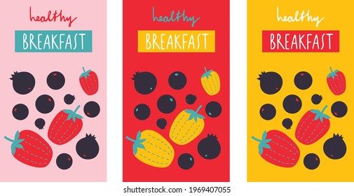Healthy breakfast banner. Fruit and berries hand drawing logo design. Isolated flat vector illustration. Handmade breakfast.