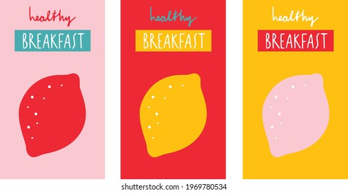 Healthy breakfast banner. Lemon hand drawing logo design. Summer fruits isolated flat vector illustration. Handmade breakfast.