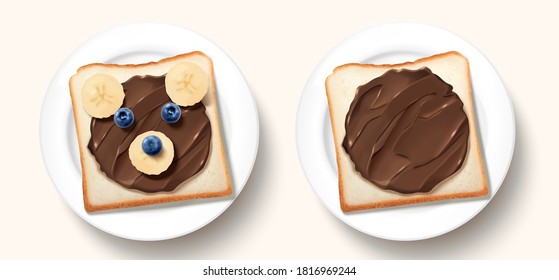 Healthy breakfast with bear shaped chocolate toast and fresh fruit in 3d illustration