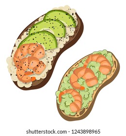 healthy breakfast - Beautifully plated toast with avocado and boiled shrimp, white background. natural food. For restaurant menu design, banner, article. Vector illustration