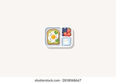 Healthy Breakfast Bento Box with Avocado Fried Egg Toast, Fresh Berries, and Yogurt Vector Illustration