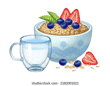 Healthy breakfast with berry. Oatmeal porridge with milk, yogurt, strawberry and blueberry. Granola bowl. Muesli flakes, Oat grain. Vector sketch.
