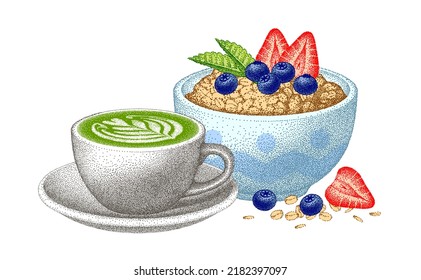 Healthy breakfast with berry, strawberry and blueberry. Oatmeal porridge with matcha latte. Granola bowl. Muesli flakes, Oat grain. Vector sketch.