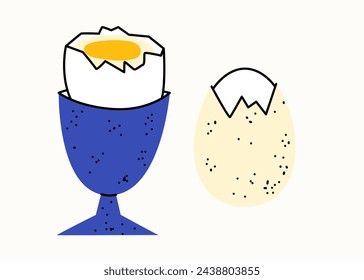 Healthy breakfast. Boiled egg, egg rack. Set of vector flat illustrations in hand drawn style. Delicious dishes. Cartoon food icons. Isolated on a white background.