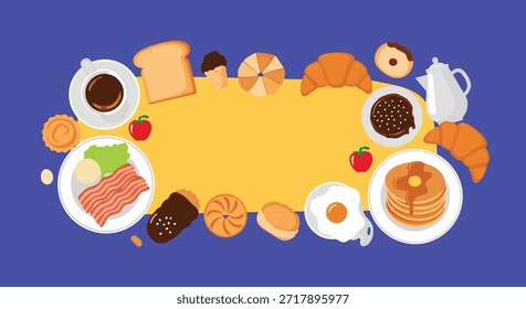 Marco de borde de desayuno saludable con panqueques, huevos, pan de tocino y café alrededor de un espacio de copia amarillo brillante para publicidad.