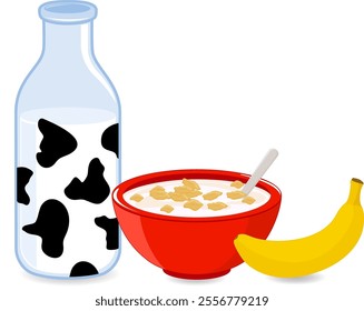 Healthy breakfast with bottle of cow milk, bowl of cereal and banana fruit. Healthy snack food with dairy and fruit. Vector illustration.