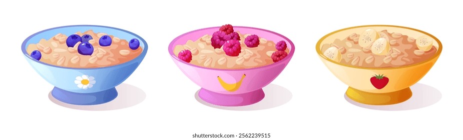 Healthy breakfast bowls set with oatmeal and different toppings - blueberries in blue ceramic dish, raspberries in pink container, sliced bananas in yellow vessel. Nutritious morning meal with fruits.