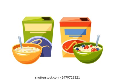 Cereal Saludable Para Desayuno En Cuencos Con Frutas Frescas. Dos Cajas De Cereales Y Cuencos Con Diferentes Cereales Aislados En Blanco