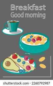 healthy breakfast cereal milk avocado strawberries blueberries raspberries crispbread cup of coffee on a gray background