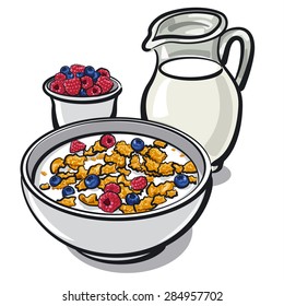 healthy breakfast with cereal and milk with berries