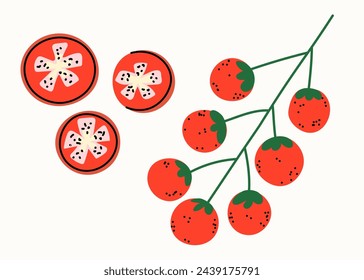 Healthy breakfast. Cherry tomatoes and cut tomatoes. Set of vector flat illustrations in hand drawn style. Delicious dishes. Cartoon food icons. Isolated on a white background.