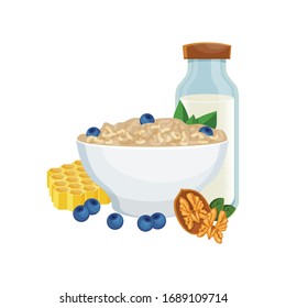 Healthy Breakfast. Classical Menu with Muesli, Oatmeal, Smoothie, Orange juice, Fruits, Vegetables and Berries. Vector Illustration.