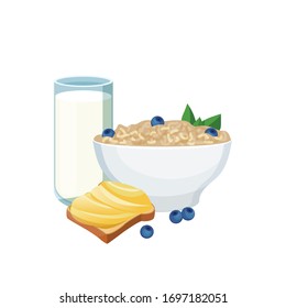 Healthy Breakfast. Classical Menu with Muesli, Oatmeal, Smoothie, Orange juice, Fruits, Vegetables and Berries. Vector Illustration.