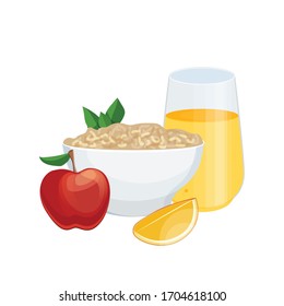 Healthy Breakfast. Classical Menu with Muesli, Oatmeal, Smoothie, Orange juice, Fruits, Vegetables and Berries. Vector Illustration.