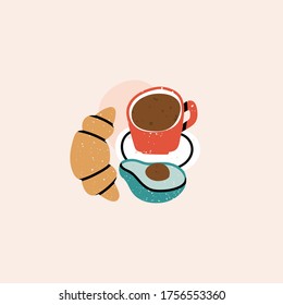 Healthy breakfast. Coffee, croissant and avocado. Hand drawn Icon. Colorful trendy Vector illustration. Cartoon style. Flat design. Isolated on pink background. Stamp texture 