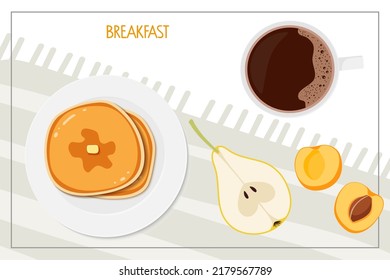 Healthy Breakfast. Coffee, fruits, pancakes on table. Template for morning menu. Flat vector illustration on white background. Organic food eco template. Tasty breakfast. Background with food icons