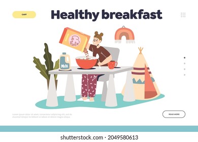 Healthy breakfast concept of landing page with little girl eating cereals with milk in morning. Small kid enjoy nutritious food. Children nutrition. Cartoon flat vector illustration