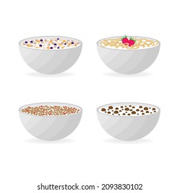 Healthy breakfast concept. Vector colorful illustration with bowls of breakfast cereal with different flavors