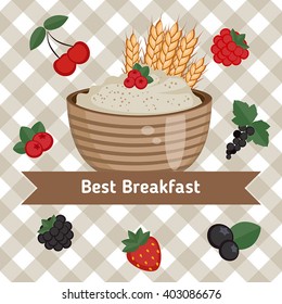 Healthy breakfast concept. Vector colorful illustration with oatmeal and berries on checkered background.