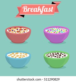 Healthy breakfast concept. Vector colorful illustration with three bowls of breakfast cereal in different flavors.