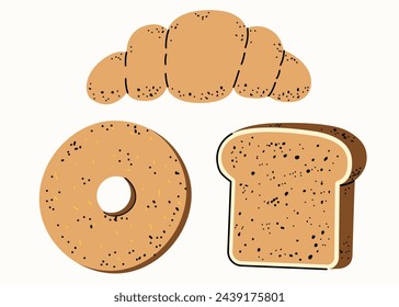 Healthy breakfast. Croissant, donut and toast, bread. Set of vector flat illustrations in hand drawn style. Delicious dishes. Cartoon food icons. Isolated on a white background.