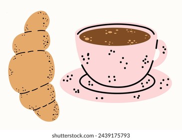 Healthy breakfast. Cup of coffee and croissant. Set of vector flat illustrations in hand drawn style. Delicious dishes. Cartoon food icons. Isolated on a white background.