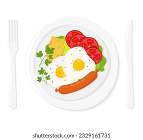 Healthy breakfast. Delicious fried eggs, sausage, pieces of cheese, tomato slices and lettuce on a white plate . Dish and cutlery. Vector flat style illustration