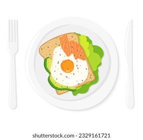 Healthy breakfast. Delicious sandwich with avocado, salmon, fried egg and lettuce on a white plate . Dish and cutlery. Vector flat style illustration