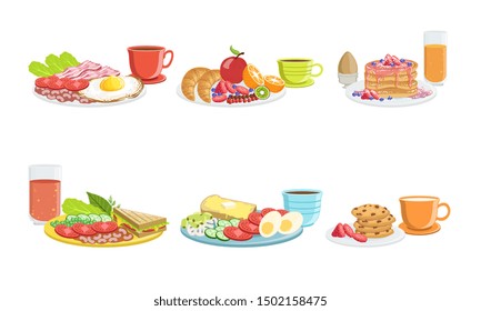 Healthy Breakfast Dishes Set, Classical Menu with Fryed Egg, Ham, Pancakes, Cookies, Sandwich, Fruits, Vegetables and Berries Vector Illustration