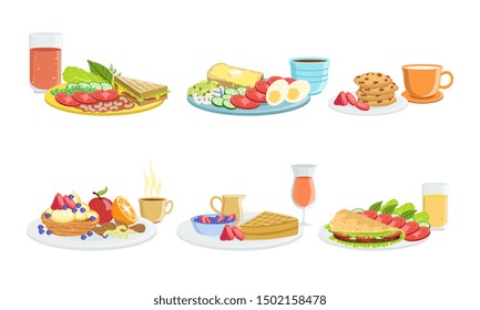 Healthy Breakfast Dishes Set, Classical Menu with Fryed Egg, Waffle, Pancakes, Cookies, Sandwich, Tako, Fruits, Vegetables and Berries Vector Illustration