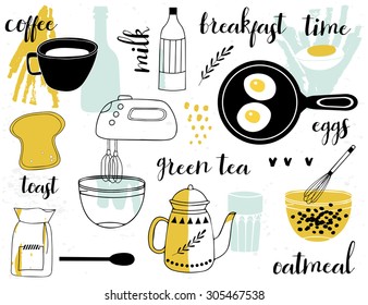 Healthy Breakfast - Doodle illustration of ingredients for a breakfast, including oatmeal, eggs, green tea, toast, hand drawn