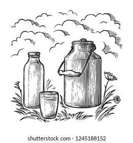 healthy Breakfast drawing sketch glass milk bottle iron can cup vector illustration