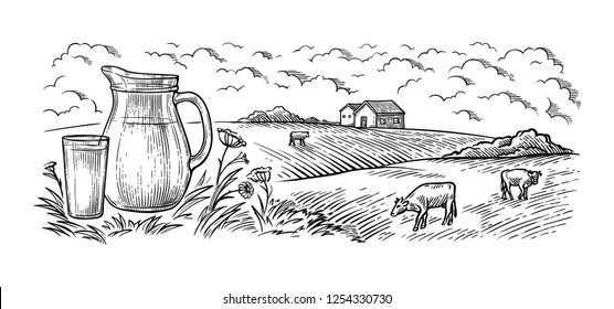 healthy Breakfast drawing sketch glass milk bottle iron can cup field cow vilage vector illustration