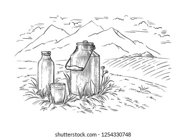 healthy Breakfast drawing sketch glass milk bottle iron can cup field cow vilage vector illustration