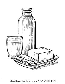 healthy Breakfast drawing sketch milk glass cheese milk bottle vector illustration