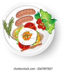 Healthy breakfast with egg bread toast and sausage illustration