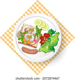 Healthy breakfast with egg bread toast and sausage illustration