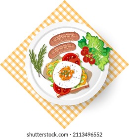 Healthy breakfast with egg bread toast and sausage illustration
