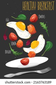 Healthy breakfast with eggs, tomatoes, smoked salmon. Vector illustration