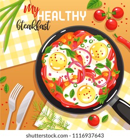 Healthy breakfast with eggs vegetables and greenery on frying pan at table top view flat vector illustration